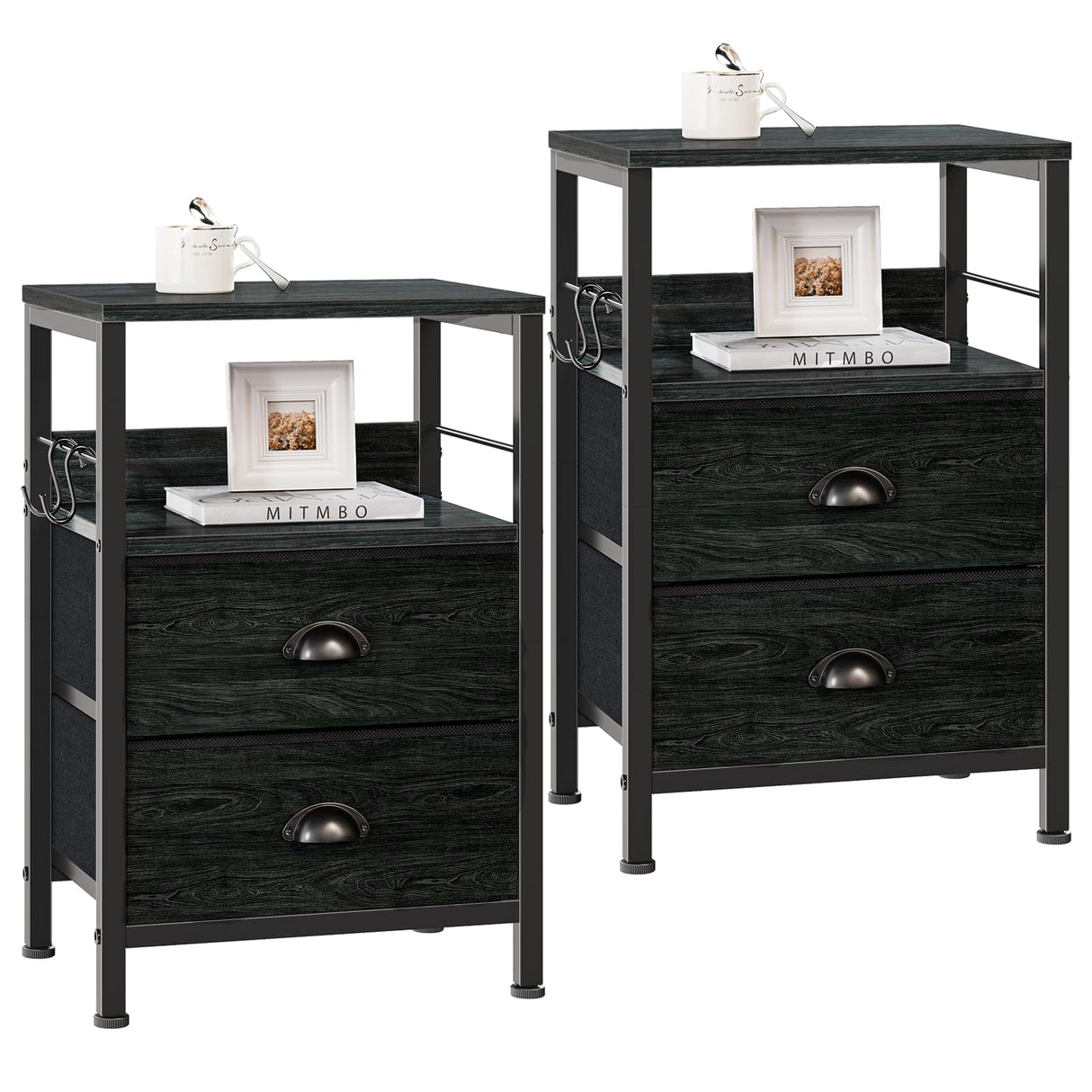Furologee Nightstands Set 2, End Tables with 2 Fabric Drawers, Bedside Tables with Hooks and Shelf, for Bedroom/Living Room/Study/Black Oak Furologee