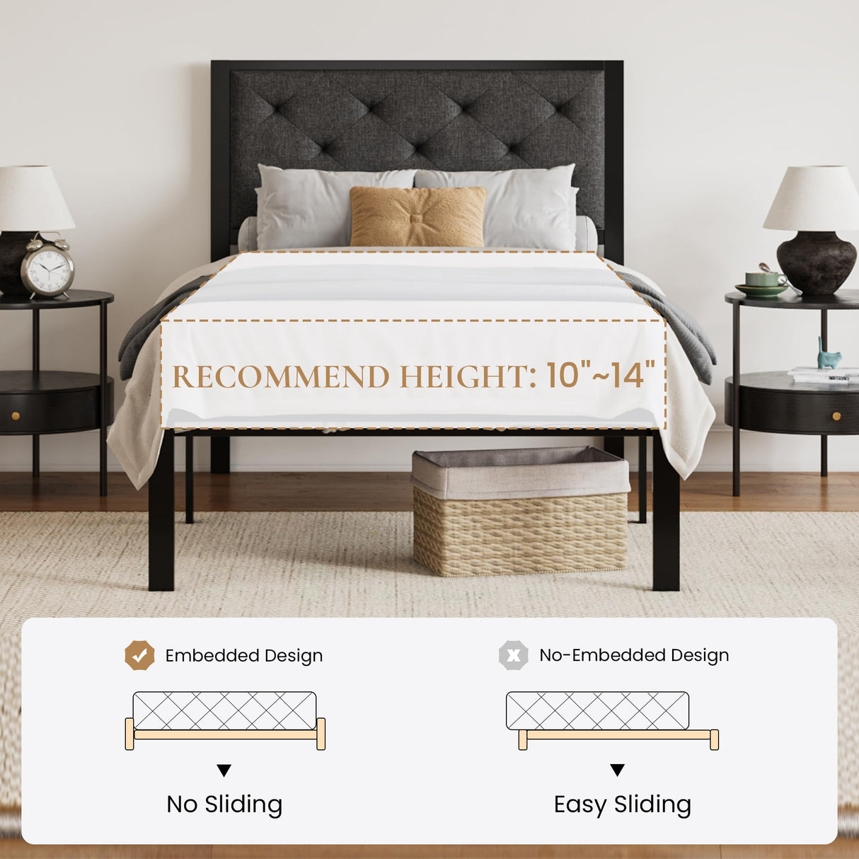 SHA CERLIN Twin Size Metal Platform Bed Frame,Linen Upholstered Button Tufted Headboard, Mattress Foundation with 12.4” Under-Bed Storage, Noise-Free, Easy Assembly, No Box Spring Needed, Dark Grey SHA CERLIN