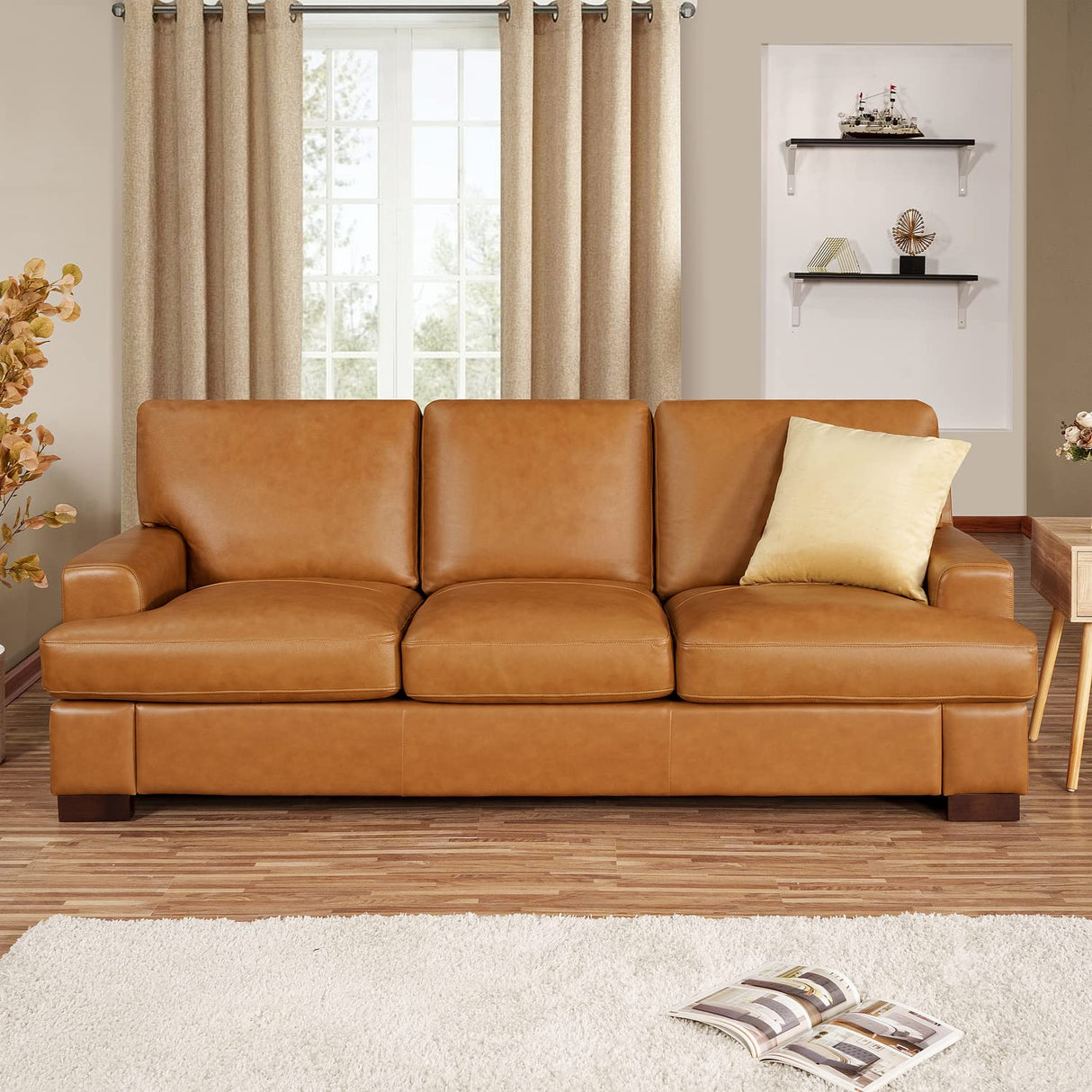 Naomi Home Genuine Leather Sofa - Luxurious Comfort, Goose Feather Cushion Filling, Square Arm Design, Sturdy Block Legs, Elegant Tan - Ideal for Living Room, Office, or Bedroom Naomi Home