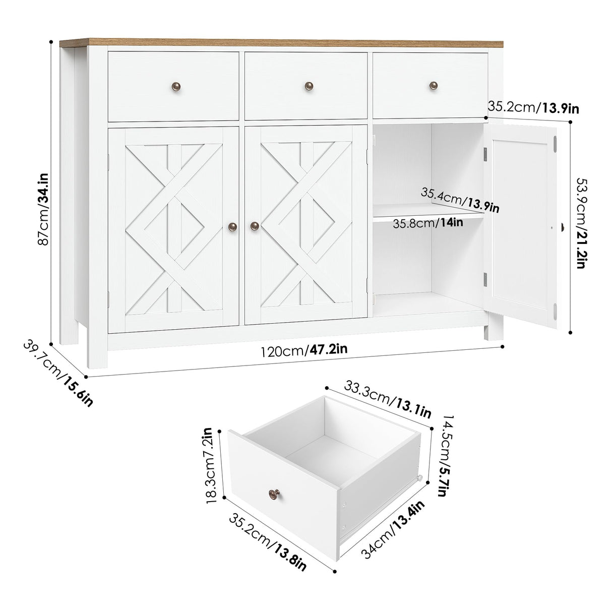 finetones Buffet Cabinet with Storage, 47.3” Farmhouse Sideboard Buffet Cabinet, White Kitchen Cabinet Display Cabinet with 3 Drawers and 3 Doors, Wood Coffee Bar Cabinet for Kitchen Dining Room finetones