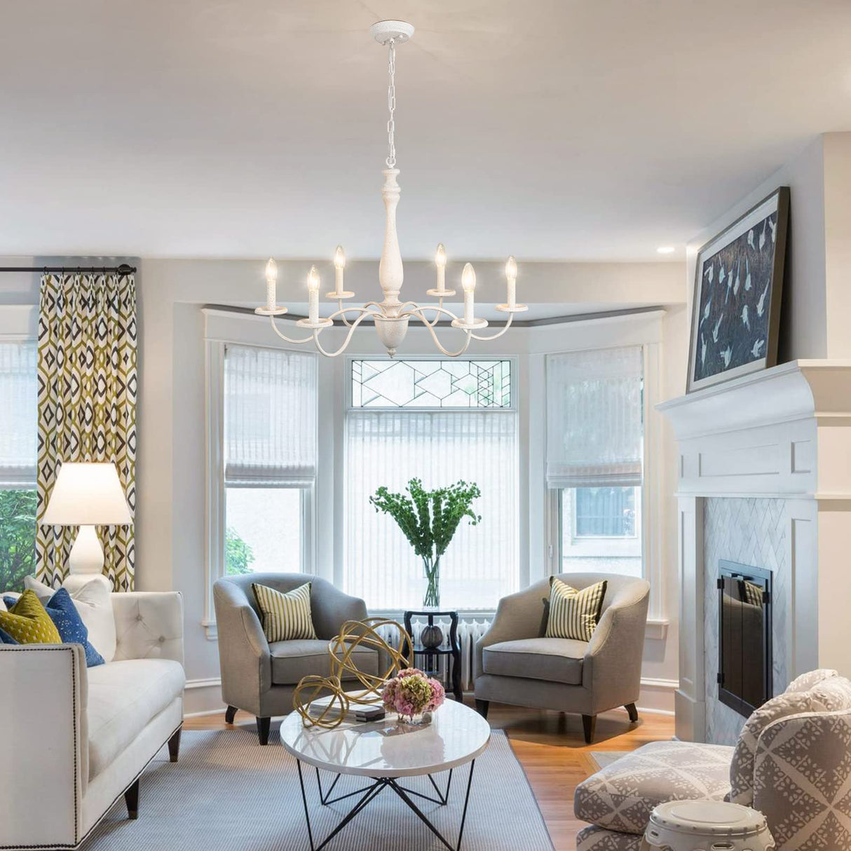 6-Light Chandelier Farmhouse Chandeliers for Dining Room Lighting Fixture, French Country White Chandelier Brown White Wood Chandeliers for Living Room Bedrooms Dining Room Foyer YLCHYTDZSW