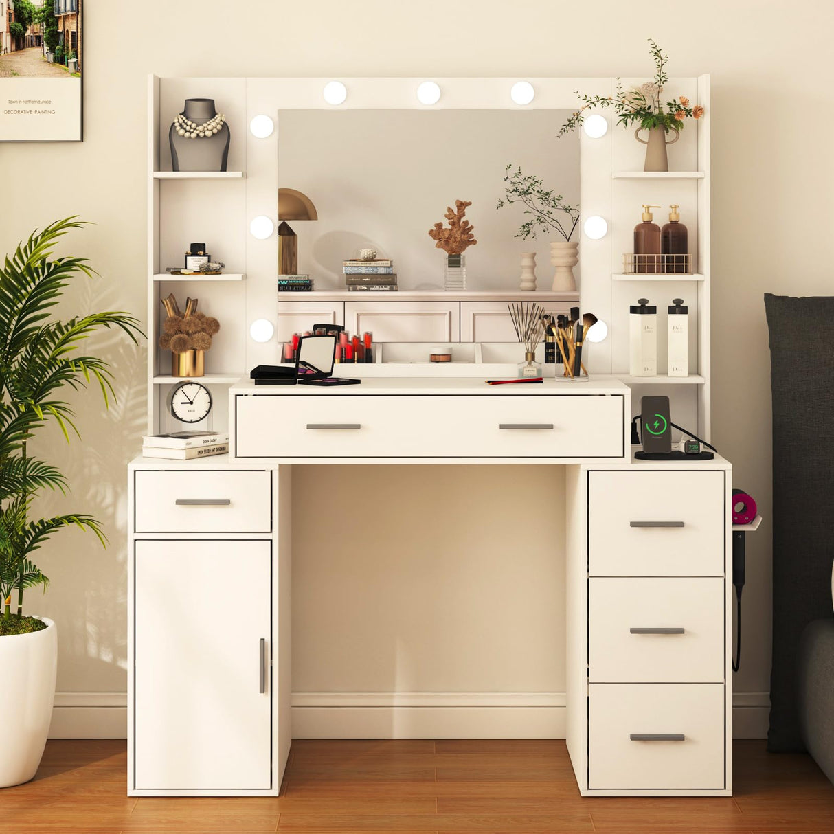 Vanity Desk with Lights and Power Strip, Makeup Vanity Table Lots Storage with 5 Drawers & 1 Cabinet, 3 Light Colors with Adjustable Brightness, Large Vanity 47.3'' (W) Anrigeail