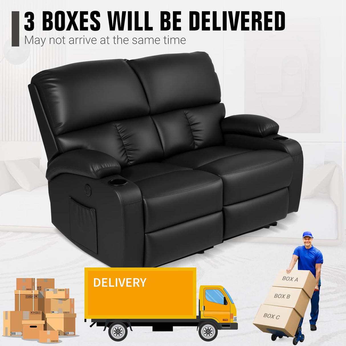 CHABATREE Home Theater Seating,RV Recliner Sofa with Massage and Heat,Manual RV Recliner Loveseat with USB/Cup Holders and Side Pocket for Living Room,2 Seater Black CHABATREE