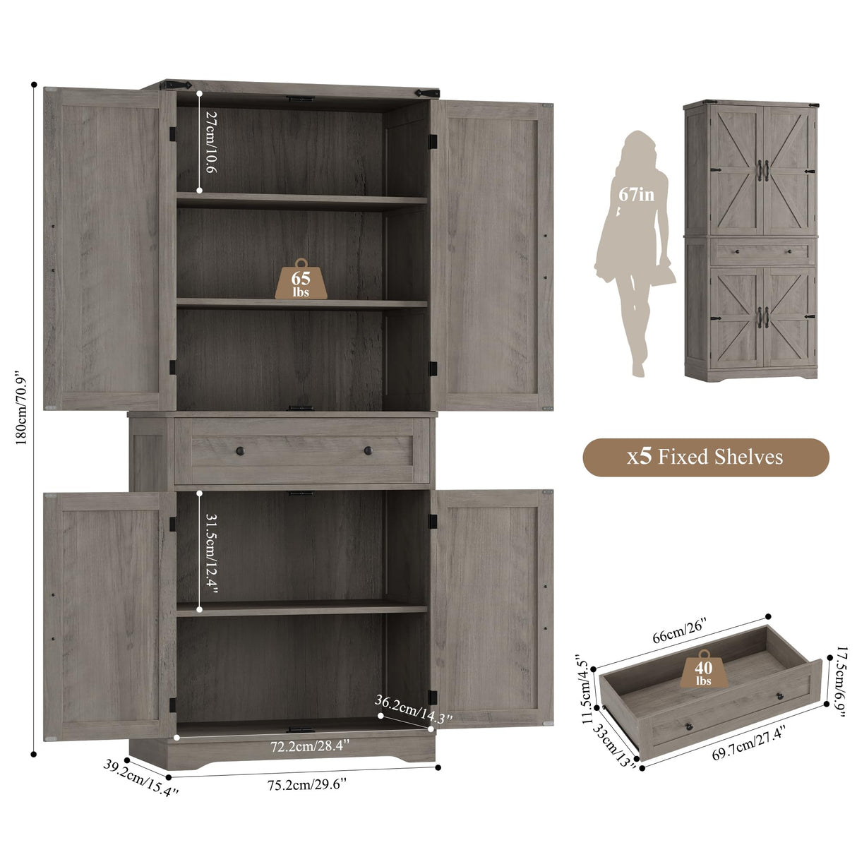 HOSTACK 71" Tall Pantry Cabinet, Farmhouse Kitchen Pantry with Storage Shelves, Barn Doors Food Storage Cabinet, Freestanding Kitchen Hutch with Large Drawer for Dining Room, Living Room, Ash Gray HOSTACK