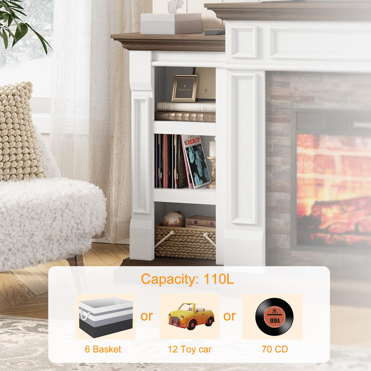 LGHM 70" Electric Fireplace with Mantel, Fireplace TV Stand for TVs Up to 80 Inch, Farmhouse Entertainment Center with Storage, Realistic Stacked Stone Surround with Remote Control for Living Room LGHM