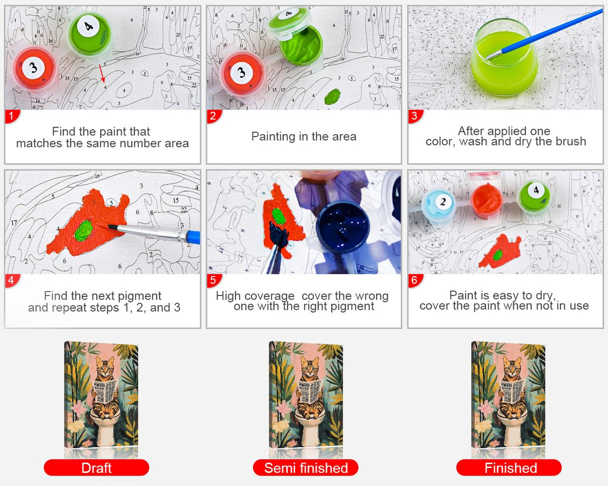 Paint by Number for Adults, Cat on Toilet Paint by Numbers, Bengal Cat Reading Newspaper Painting by Numbers Kits, DIY Oil for Adults Simple Painting Craft Kits for Adult, 16 X20 Inch TUMOVO