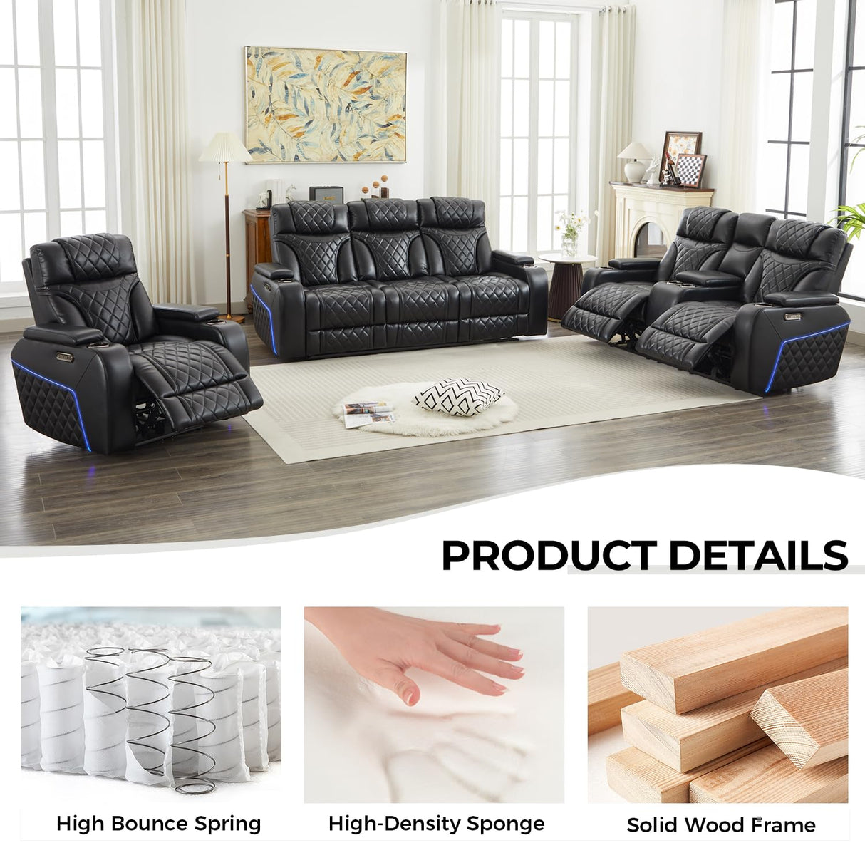 Power Recliner Sofa Set of 3 Pieces with Adjustable Headrest, Wireless Charger for Living Room, Electric Reclining Couch, Faux Leather 3 Seaters and Loveseat and Theater Chair with LED Lights, Black Comfort Stretch