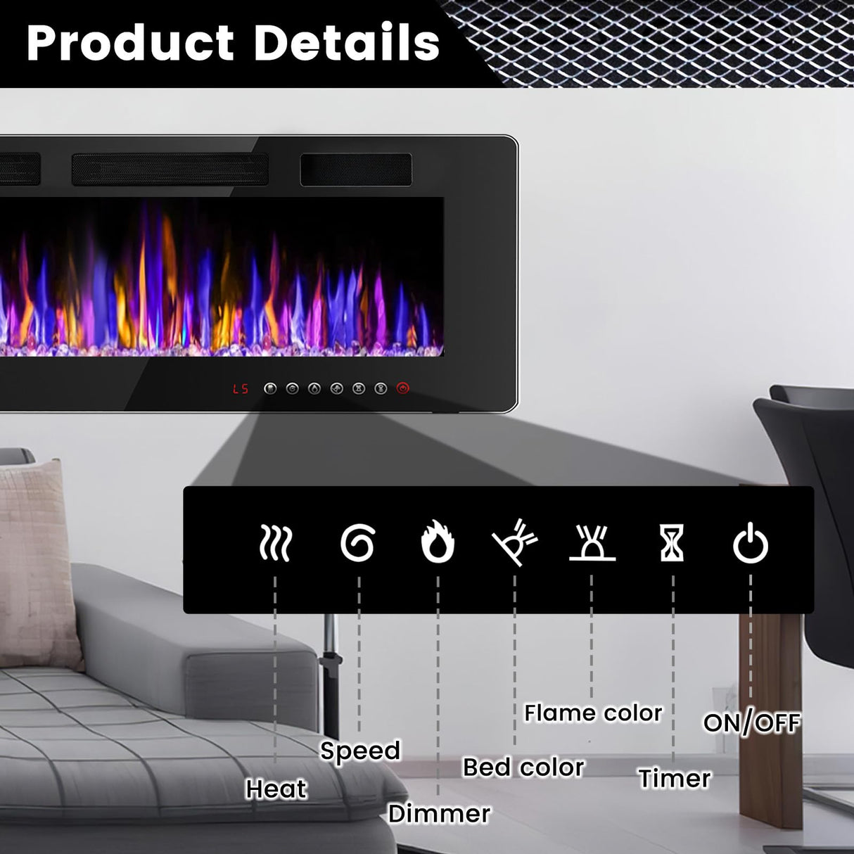BOSSIN 72" Electric Fireplace Wall Mounted and Recessed with Remote Control, Low Noise, 750/1500W Ultra-Thin Wall Fireplace Heater and Timer Adjustable Flame Color and Brightness with Crystal BOSSIN