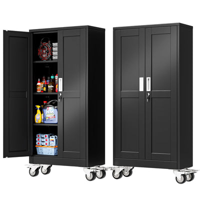 PAOFIN 61''H Metal Garage Storage Cabinet with Wheels,Steel File Cabinets with 2 Doors and 3 Adjustable Shelves for Home Office, Warehouse, Required Assembly,Black