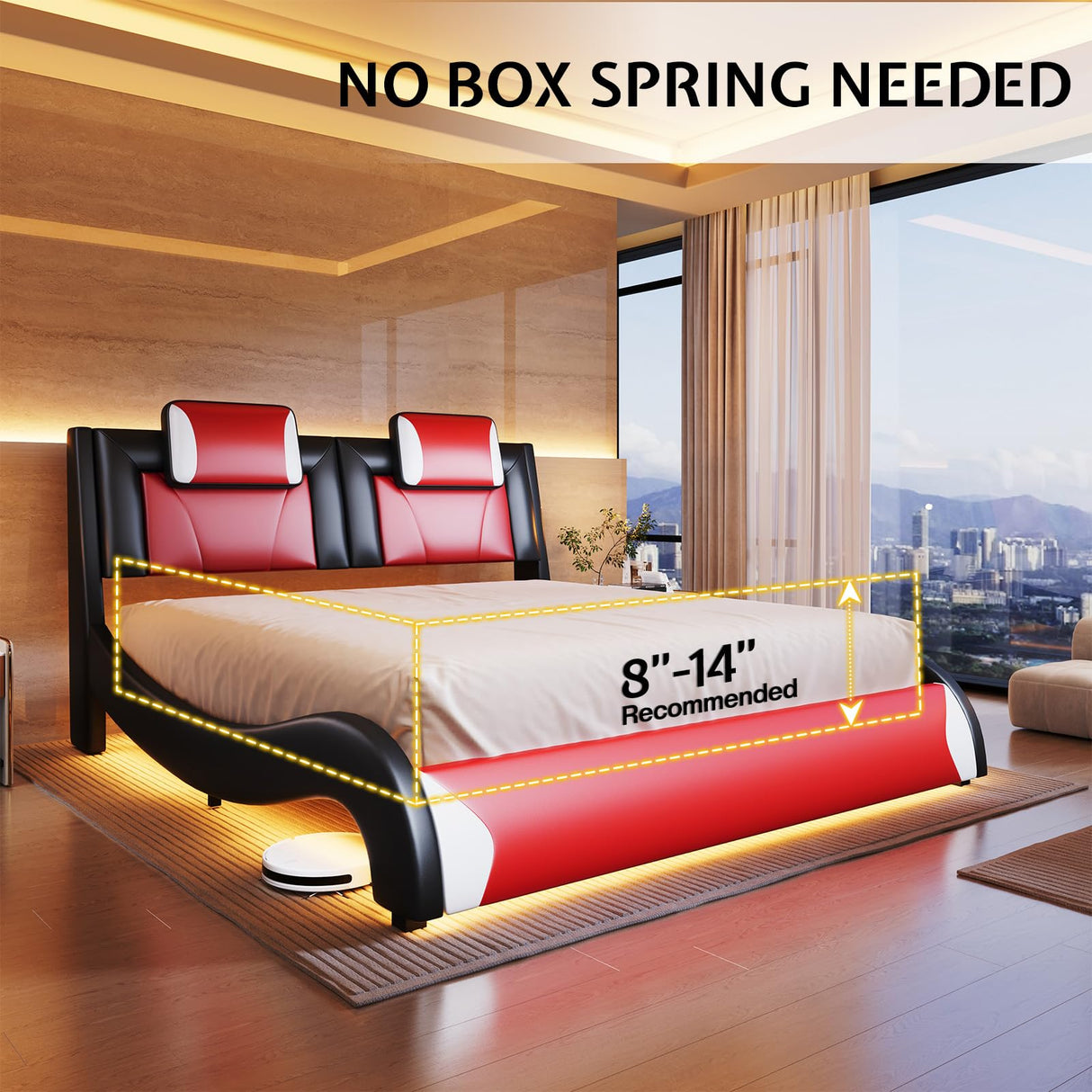 Jocisland LED Bed Frame Full, Modern Faux Leather Upholstered Platform Bed, Wave Like Curve Design No Box Spring Needed, Red Jocisland