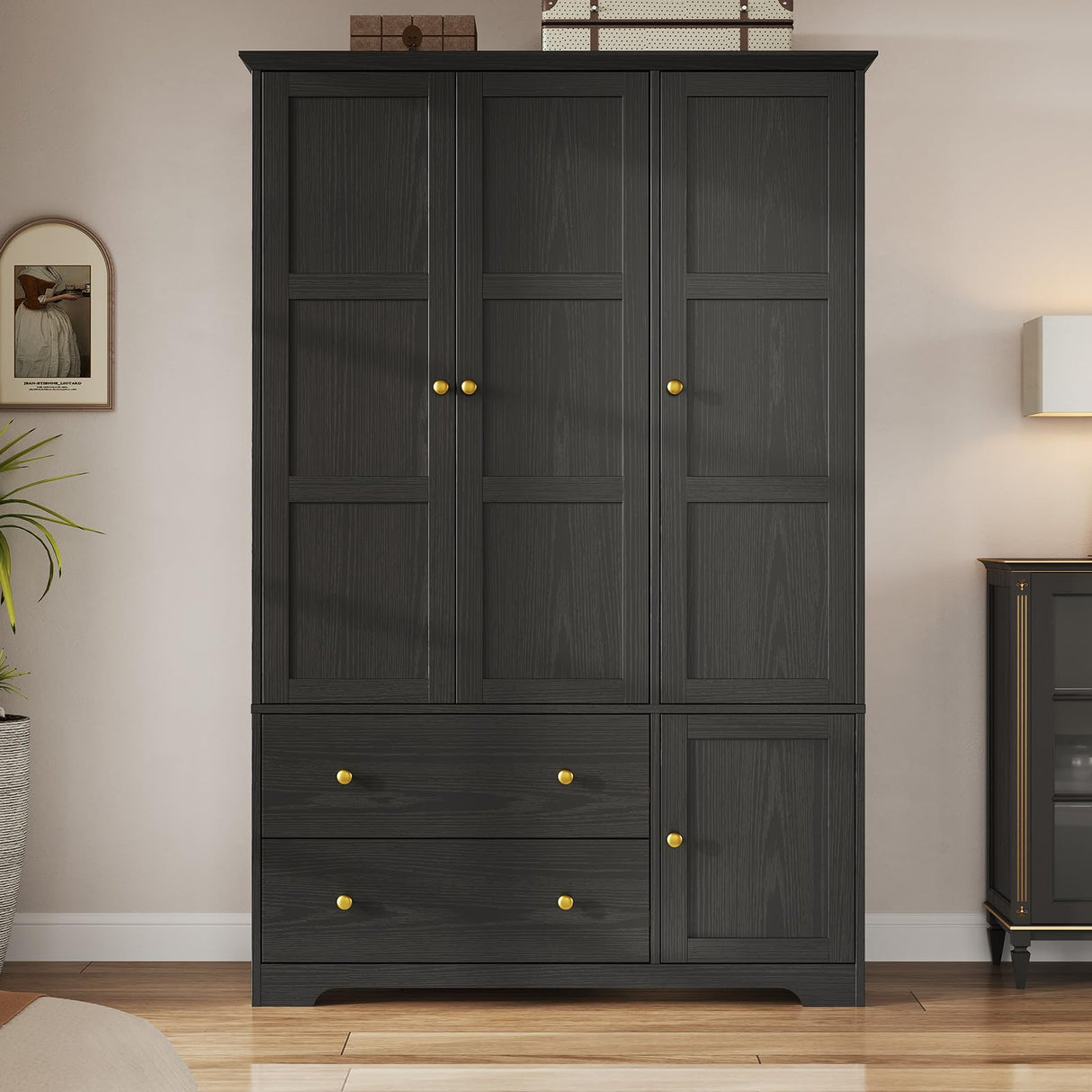 ONBRILL 3 Doors Wooden Wardrobe Closet Armoire with Pull Out Pants Rack, Bedroom Large Capacity Armoire with Drawers and Shelves, Storage Cabinet for Hanging Clothes, Black ONBRILL