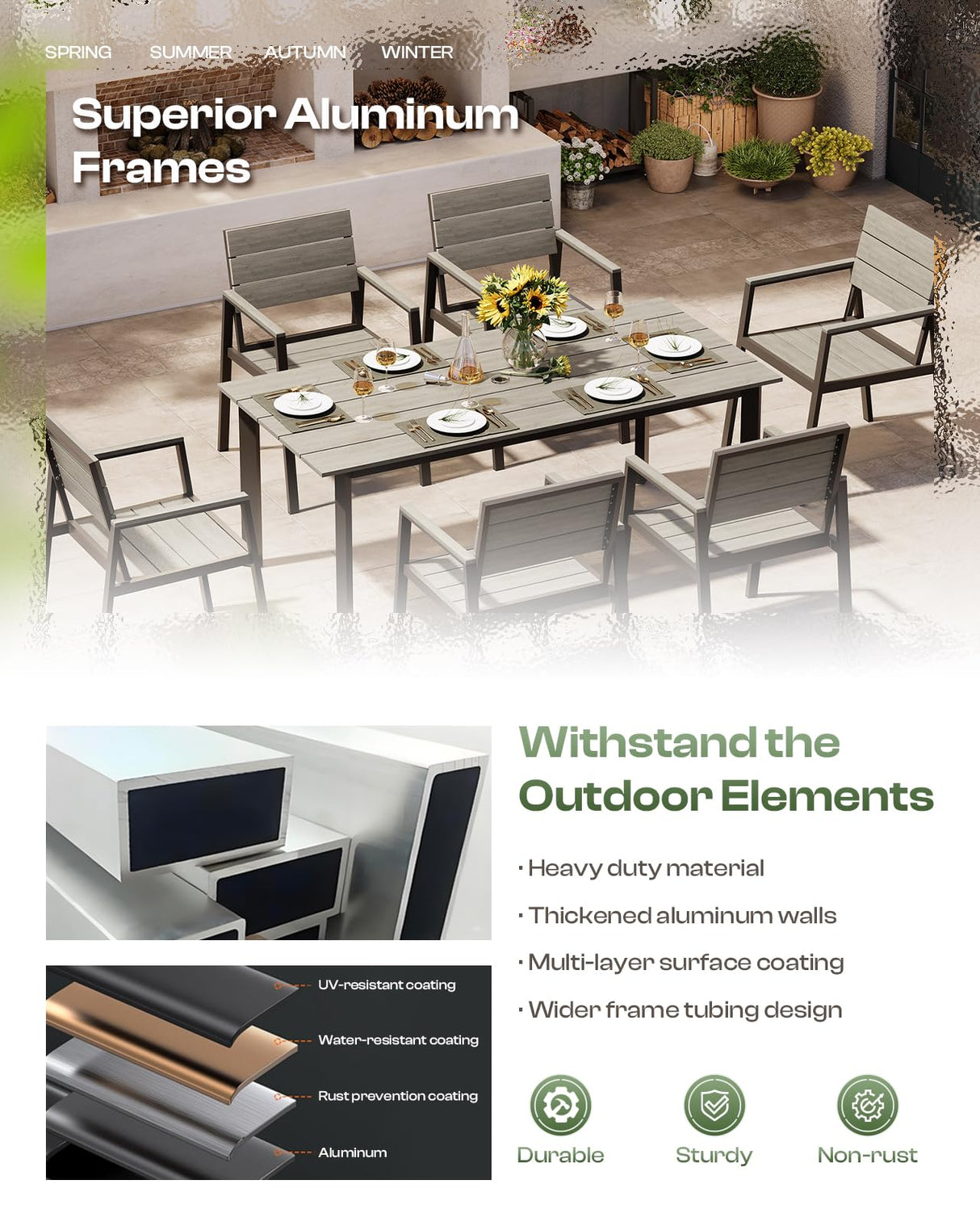 Oasbira Outdoor Dining Set for 6, Patio Table and Chairs Set with Umbrella Hole, 7 Pieces HDPS Outdoor Furniture Sets for Patio, Garden, Backyard (Gray) Oasbira