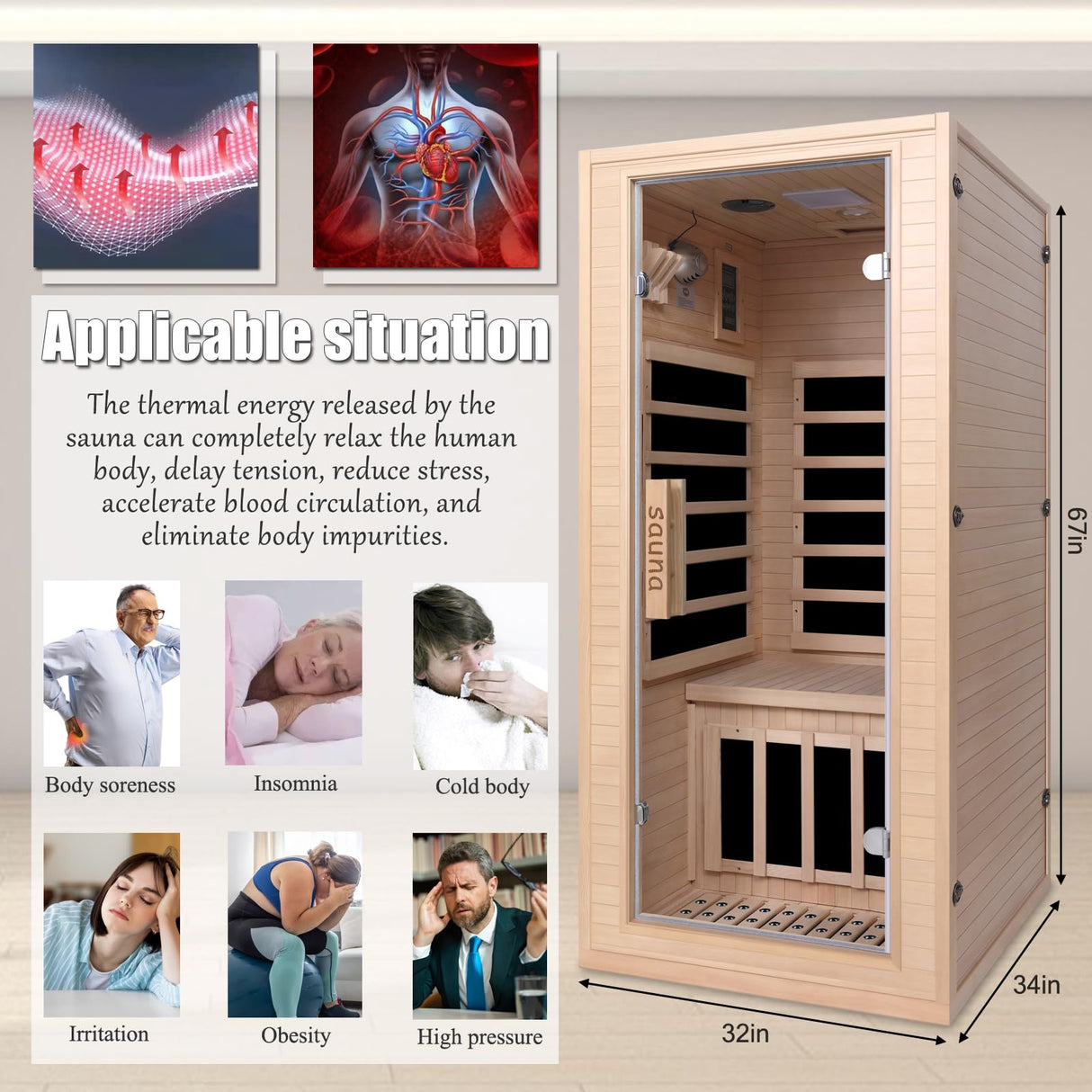 1-Person Far Infrared Sauna, 1350W Low EMF Far Infrared Heating Indoor Home Personal Sauna Room – Bluetooth Speakers, LED Light Therapy, Easy Assembly, Hemlock Wood Dry Sauna (32"L x 34"W x 67"H) DWKWE