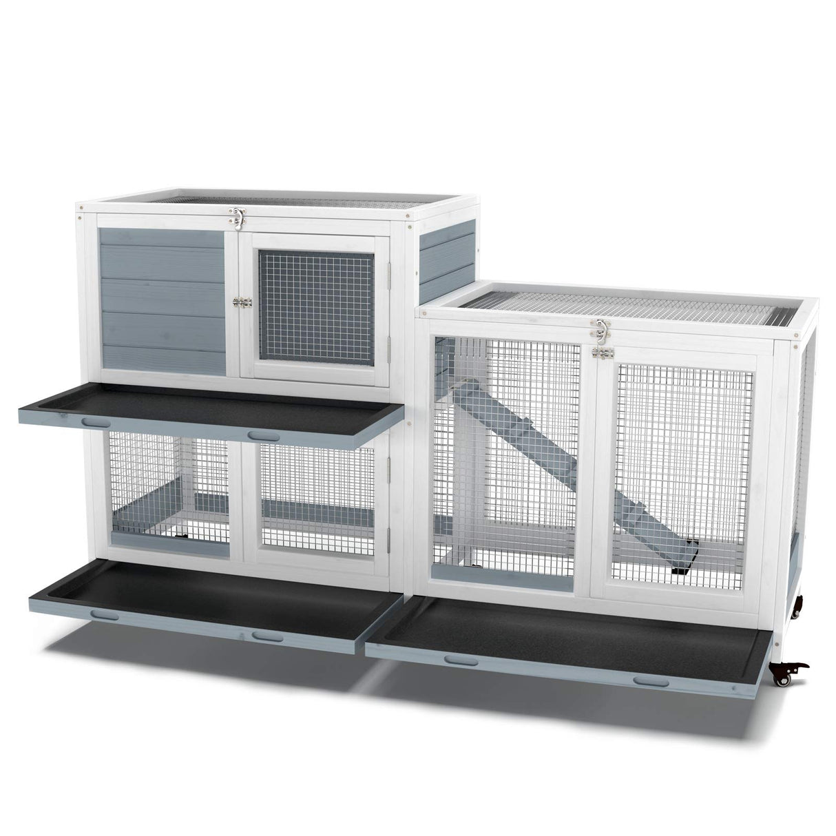 GDLF Two Floors 58" Wooden Indoor Bunny Hutch Rabbit Cage on Wheels Guinea Pig PET House for Small to Medium Animals Waterproof No Leak Tray GDLF