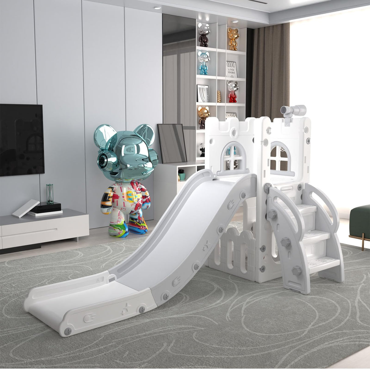 MOCUTEEN 6 in 1 Toddler Slide,Baby Playset for Indoor Outdoor Playground with Basketball Hoop,Storage and Telescope,Climbing Toys for Toddler Playground Playset MOCUTEEN