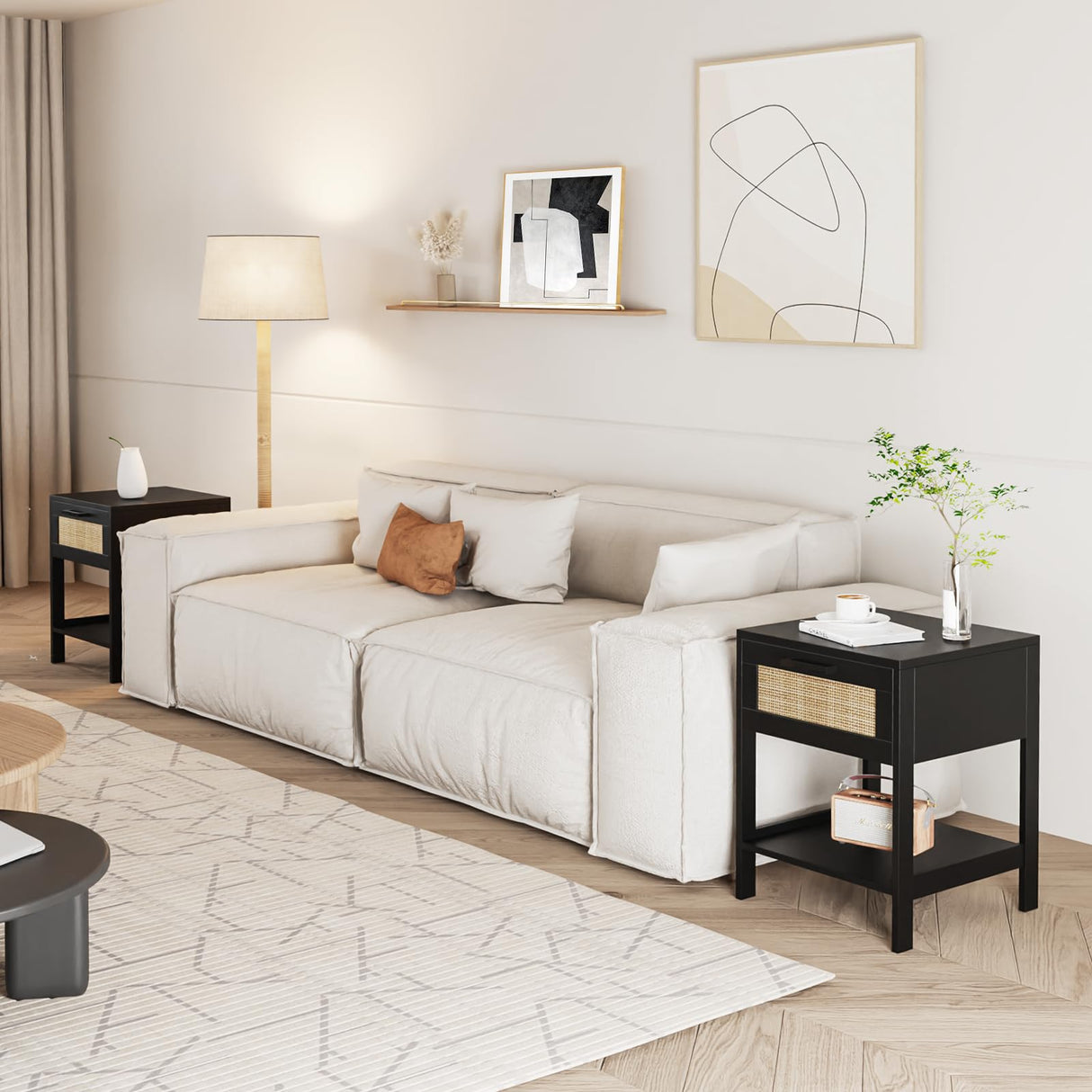 Derfullo Rattan Nightstand Set of 2 - Rattan Decor Drawer Night Stand Natural Wood Bedside Table Boho End Table Side Table with Storage Shelf Derfullo