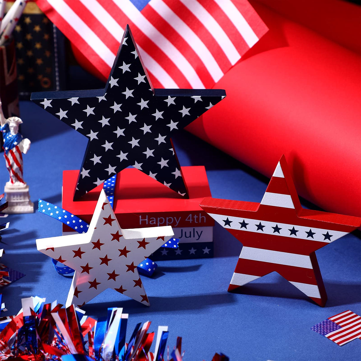 Chunful 3 Pcs Memorial Day Wooden Table Signs Independence Day Table Decor Patriotic Freestanding Double Side Sign Farmhouse Wood Block for 4th of July Home Party Supplies Chunful