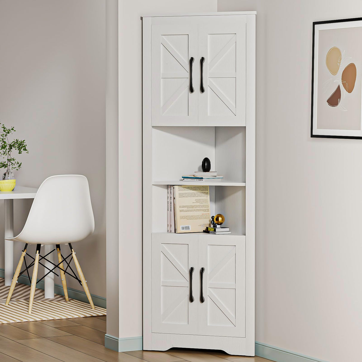 NOVAMAISON 67" Tall Farmhouse Corner Cabinet with Barn Door Design in White - Stylish Storage Solution for Any Room NOVAMAISON