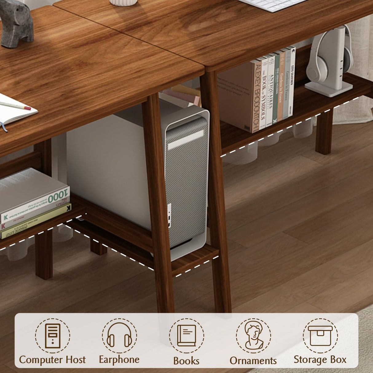 NELYE 2-Person Writing Desk with Bookshelf - 110" Wooden Extra Long Home Office Work Table, Double Study Computer Workstation with Storage Shelves in Walnut, 110" W x 24" D NELYE