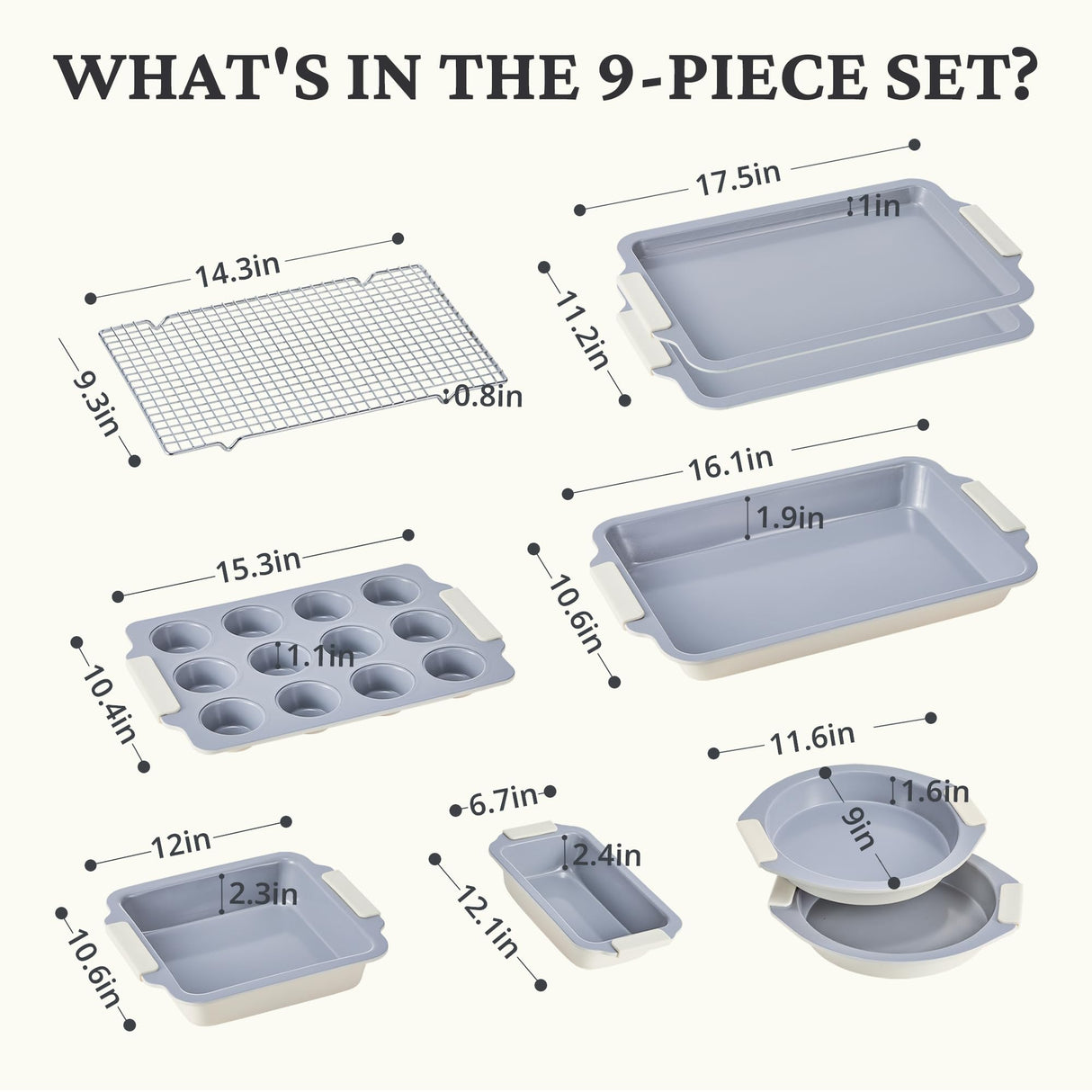 BRONYPRO Nonstick Ceramic Bakeware Set (9 Pieces),Heavy Duty Aluminized Steel Bakeware-Baking Pan Sets with Silicone Handles,Includes Sheet Pans,Loaf Pan,Muffin pan,Cake pans,PTFE & PFOA Free - White BRONYPRO