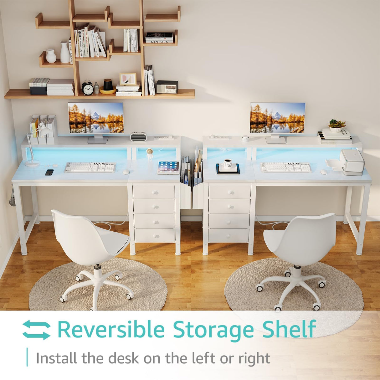 Lufeiya White Desk with 4 Drawers - 47 inch Gaming Desk with Monitor Stand, Computer Gaming Desk with LED Lights Power Outlets and Storage Bag Fabric Drawer for Home Office, Bedroom, White Lufeiya