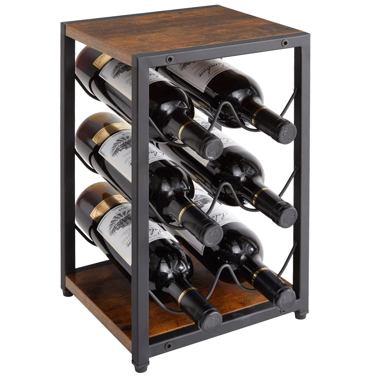 IBUYKE Rustic Wood 6 Bottles Wine Rack for Countertop,3 Tier Free Standing Wine Rack,Wine Bottle Holder Stand Organizer for Home Decor Bar,Cabinet, Pantry,Countertop TMJ901H IBUYKE