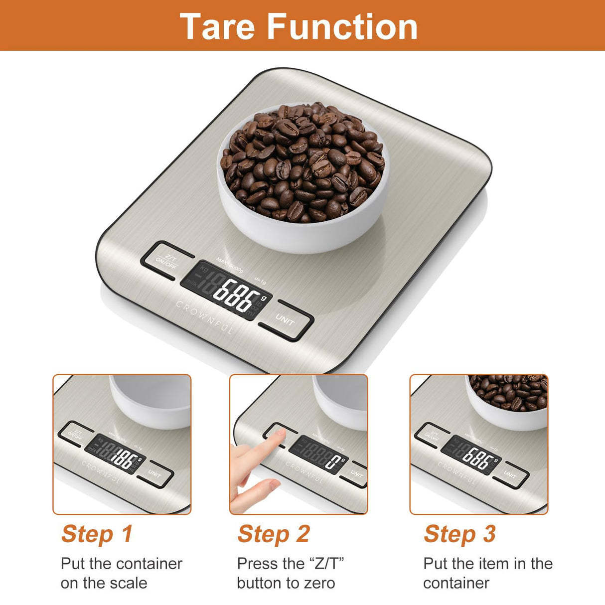 CROWNFUL Food Scale, 11 lb Digital Kitchen Scales with Built-in Coin Battery, Weight Ounces and Grams for Cooking and Baking, 6 Units with Tare Function, LCD Display, 304 Stainless Steel CROWNFUL