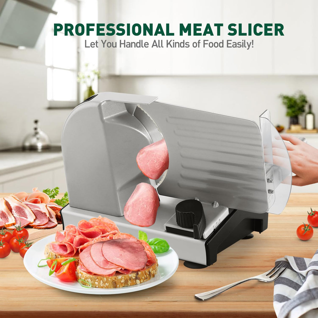 CUSIMAX Electric Meat Slicer for Home,Two 7.5''Stainless Steel Blades,1-20mm Adjustable Thickness,Easy to Cut Various Foods,Removable Food Carriage for Easy Cleaning CUSIMAX