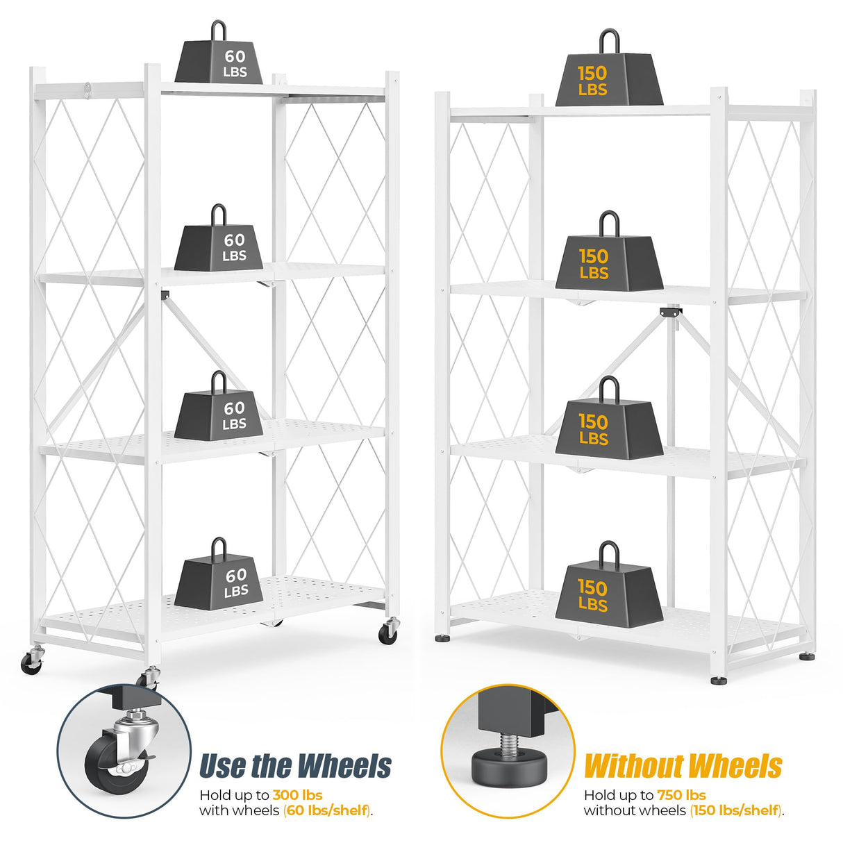 LUCKPRO 4-Tier Folding Metal Storage Rack - 50" Heavy-Duty Steel Frame with Wheels, No Assembly Utility Organizer, Rolling Shelving Unit for Kitchen, Garage, Pantry, Bedroom (White, 4 Tier) LUCKPRO