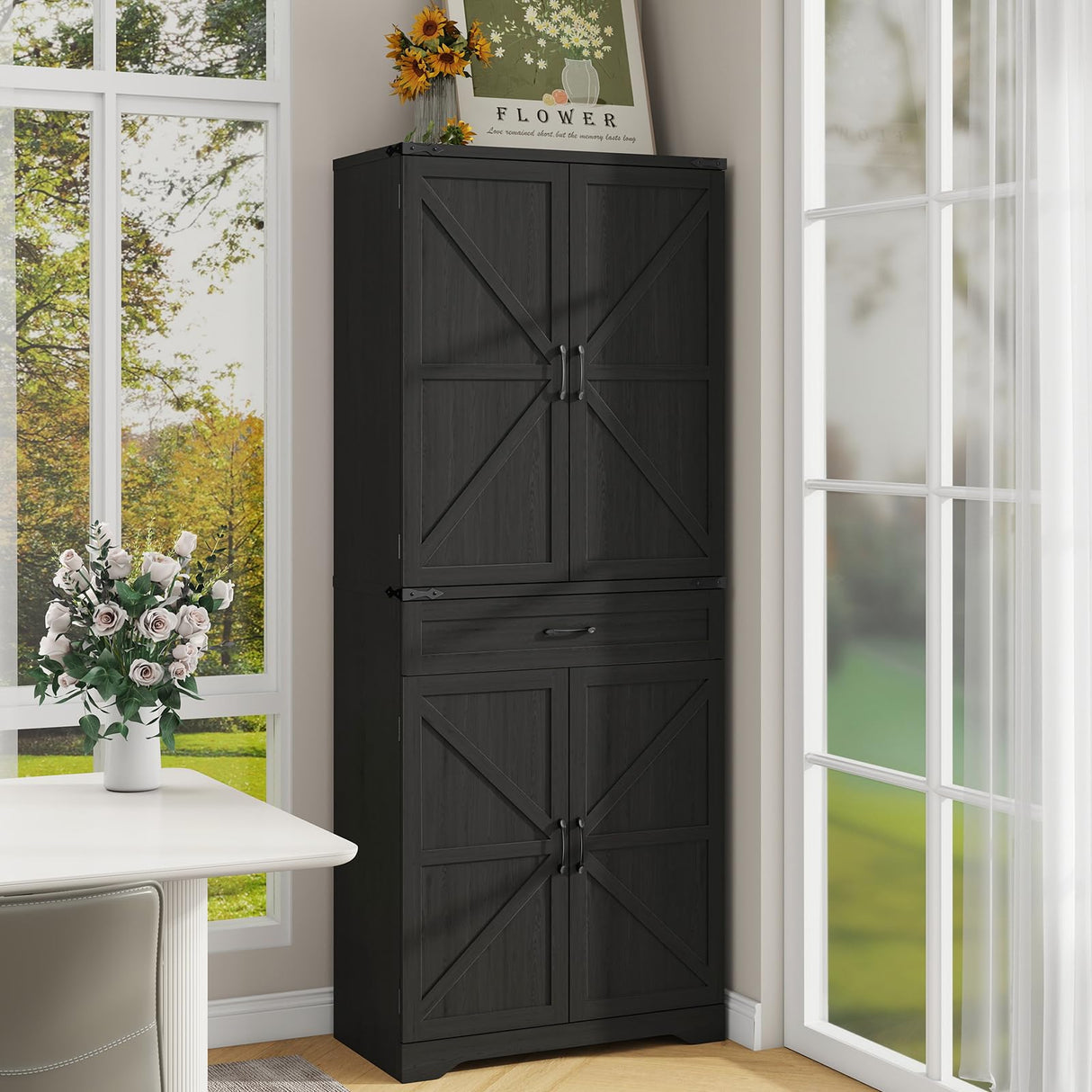72" Tall Kitchen Pantry Storage Cabinet, Farmhouse Storage Cabinet with Organizer, Large Capacity Storage Cabinet with Drawer,Freestanding Cupboard for Kitchen, Dining Room, Living Room, Black Halitaa