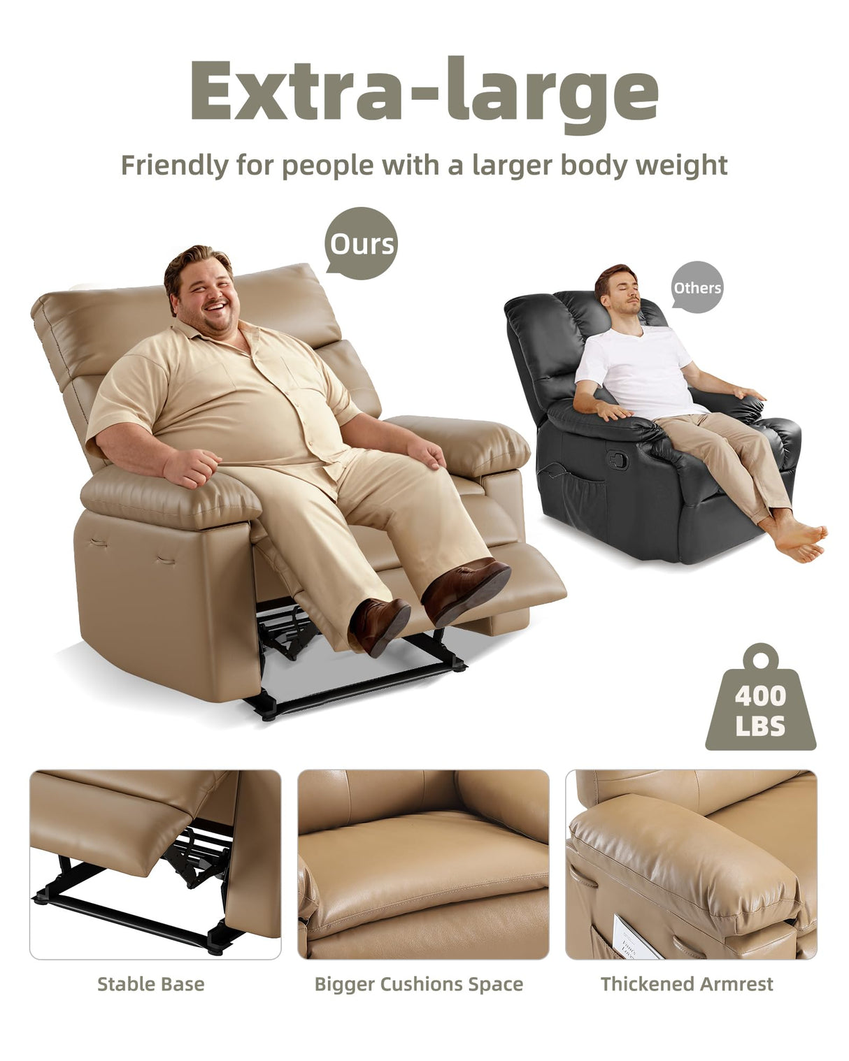 GarveeHome Oversized Extra Wide Recliner Chair - Faux PU Leather Large Manual Recliner for Adults, Exceptional Comfort Lazy Chair with 1.5X Sponge Filling and Easy Recline Mechanism for Relaxation GarveeHome