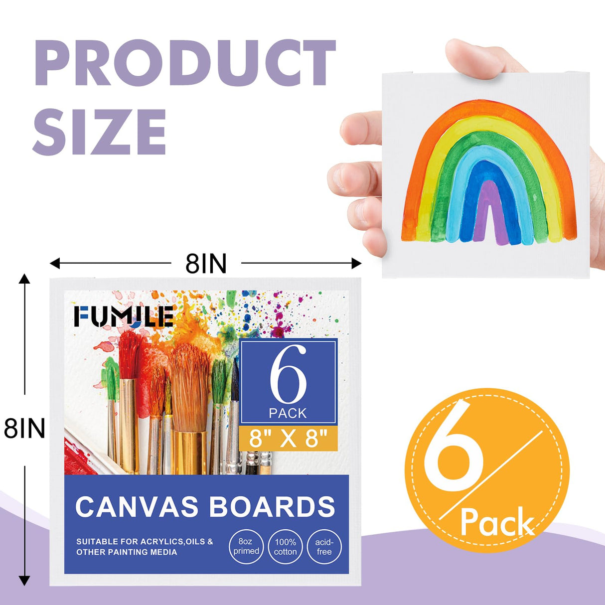 FUMILE Canvas Boards for Painting 8x8, 6 Pack Canvases for Painting Primed Acid Free Blank Canvas Panels for Painting Canvas for Classroom and Painting Parties. FUMILE