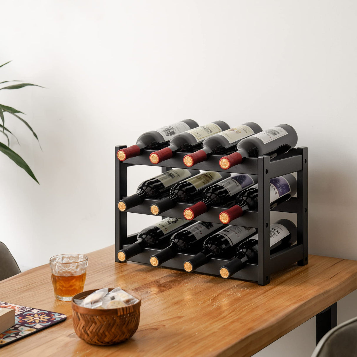 VASMIA Bamboo Wine Rack, Sturdy and Durable Wine Storage Cabinet Shelf, Wine Racks Countertop for Pantry,Kitchen,3-Tier 12 Bottles Wine Rack Black VASMIA