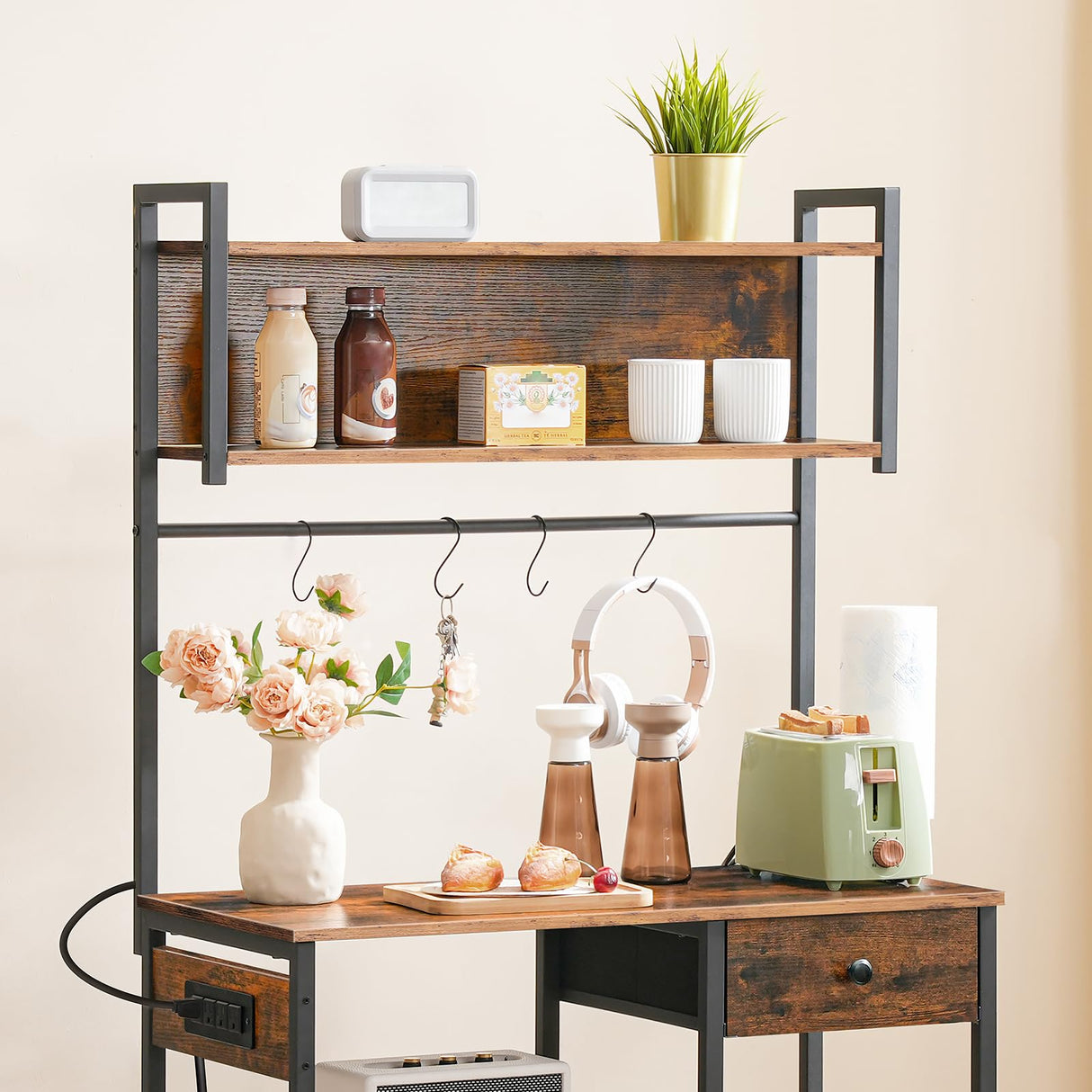 HOOBRO Rustic Brown and Black 5-Tier Bakers Rack with Power Outlets, Microwave Stand, and Storage Baskets HOOBRO