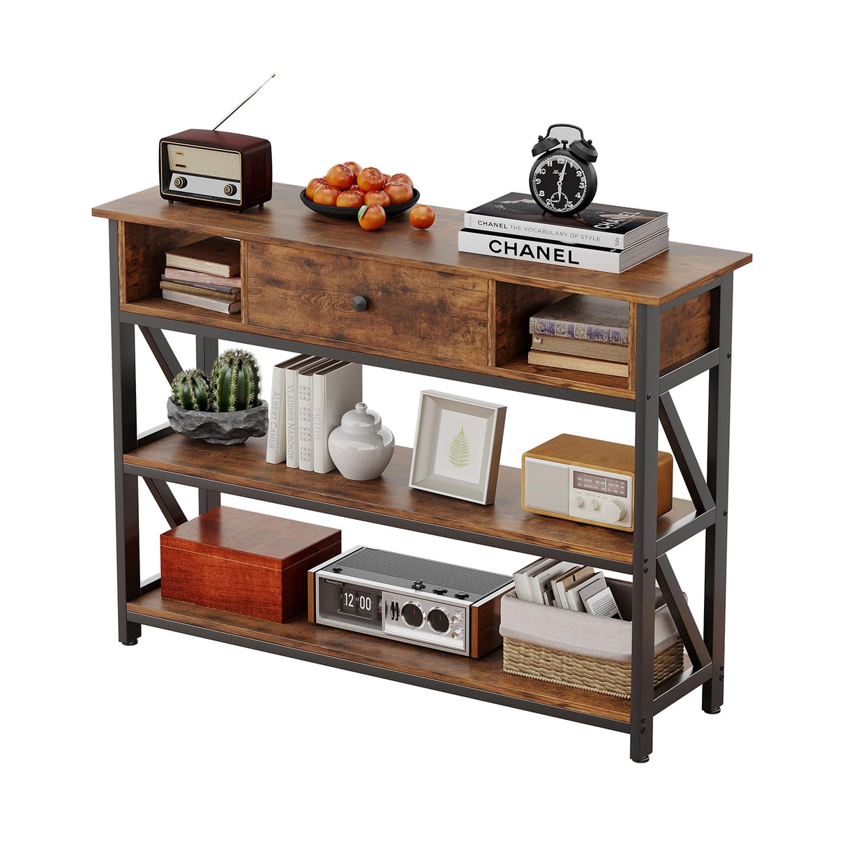 Mexin 39 Inch Console Sofa Table with Drawer, Entryway Table with Storage Shelves, Industrial Wood Hallway Table for Living Room Couch Foyer Kitchen Counter, Rustic Brown Mexin