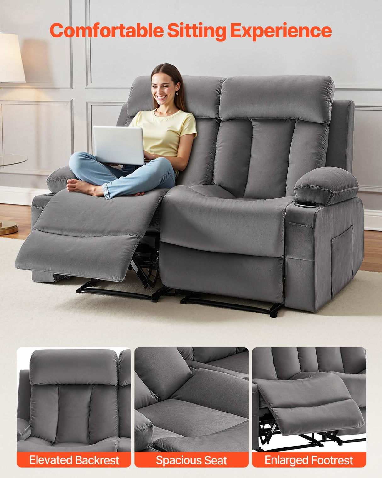 VEVOR Loveseat Recliner Sofa, Power Reclining Couch with Heating and Massage, Soft Velvet Electric Recliner Sofa with USB Ports, Cup Holders and Side Bags, Dual Loveseat Chair for Living Room, Grey VEVOR