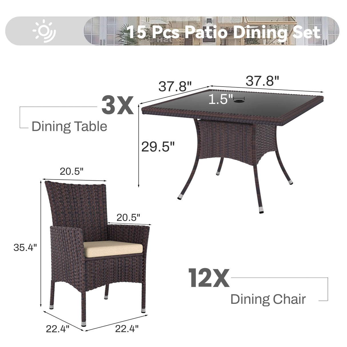 Trumbeak 15 Piece Outdoor Dining Set,Rattan Patio Conversation Set of 12 Chairs,Patio Dining Table and Chairs w/Cushions,Square Glass Tabletop,Umbrella Cutout for Patio,Sand Trumbeak