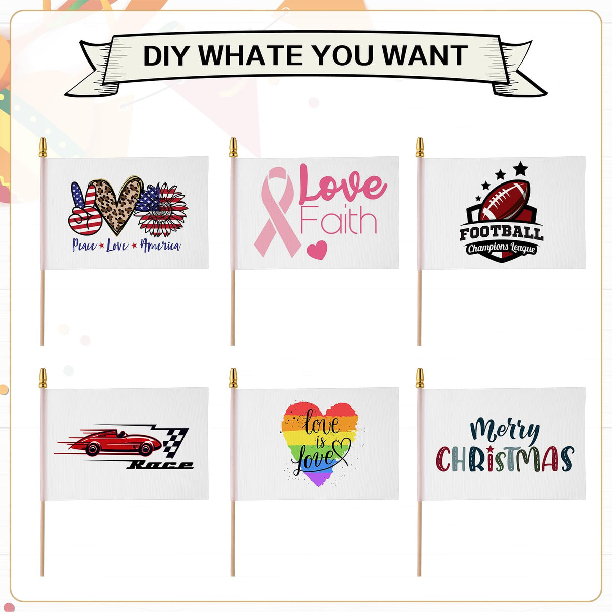 Remerry 50 Sets Sublimation Blank Flags Small White Flags Mini DIY Flags on Stick Sublimation White Flags with Wood Stick for Kids Birthday Party Parades Day Wedding Events Celebration, 5x8 Inch Remerry