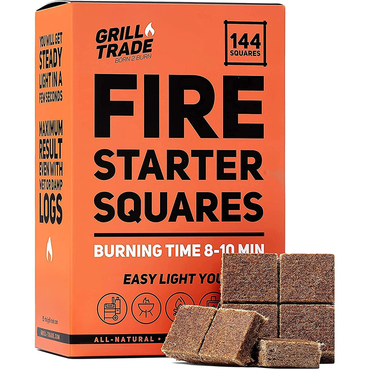 Grill Trade Fire Starter Squares 144, Easy Burn Your BBQ Grill, Camping Fire, Wood Stove, Smoker Pellets, Lump Charcoal, Fireplace - Fire Cubes are The Best Barbeque Accessories Grill Trade