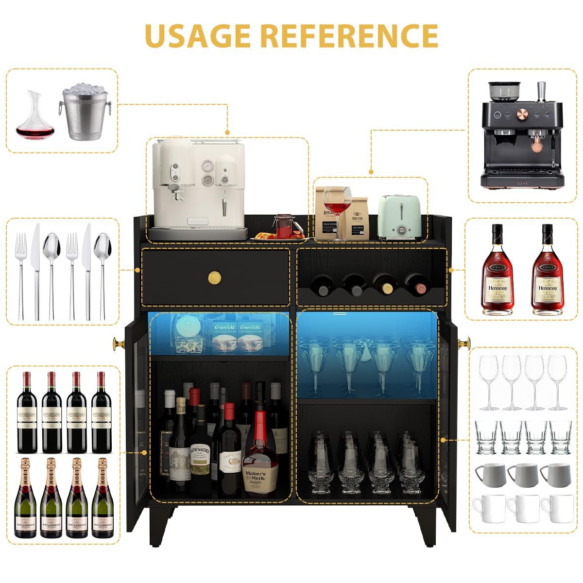 COCO DESIGN Small Bar Cabinet, Black Modern Liquor Wine Cabinet with Storage with Led Light for Home, Farmhouse Buffet Coffee Sideboard with Glass Door & Wavy Wine Rack for Kitchen COCO DESIGN