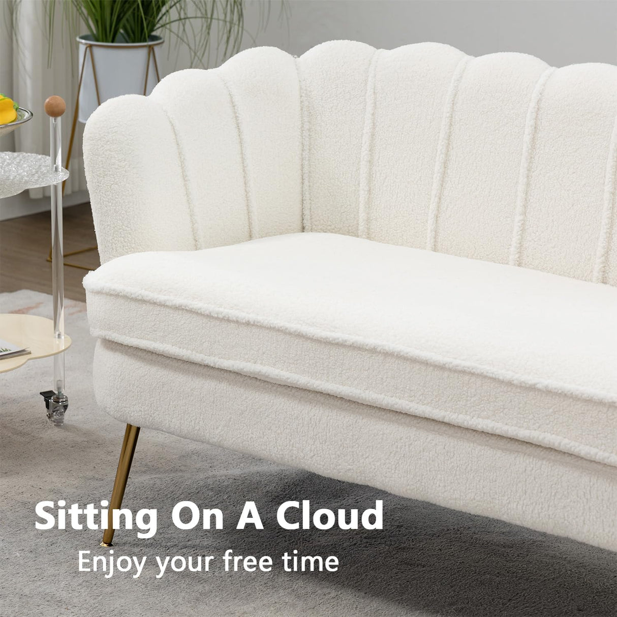 Anwick 59" Small Modern Chenille Loveseat Sofa, 2-Seater Sofa with Gold Metal Legs, Small Couch with Flower Shaped Back for Living Room Bedroom Office (Ivory) Anwick