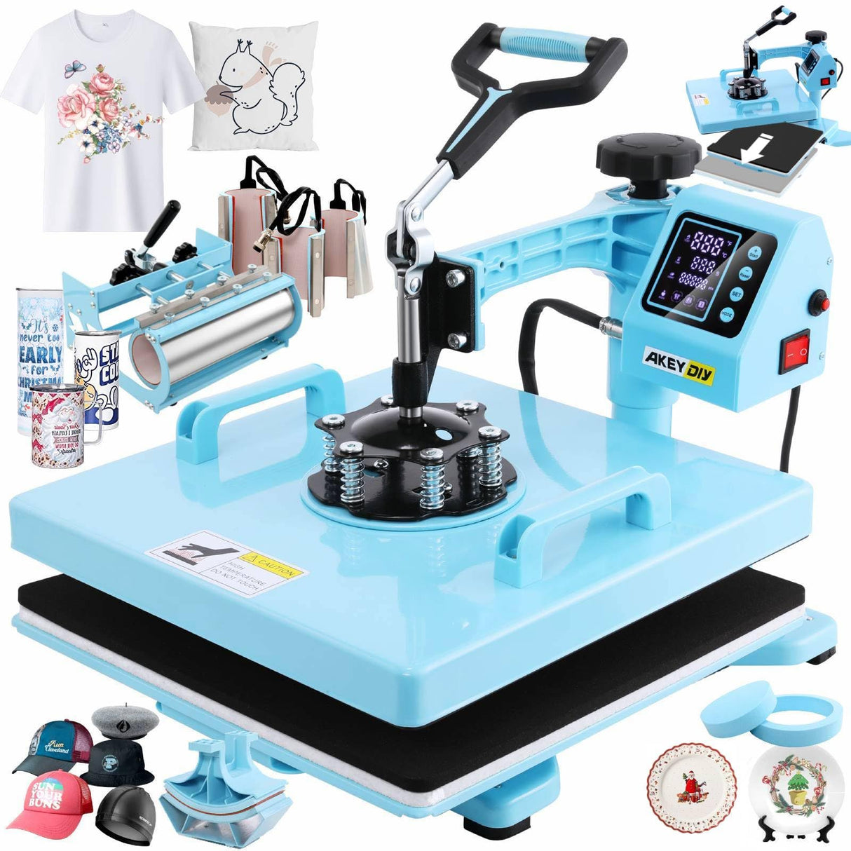 AKEYDIY Heat Press 15x15 inch 8 in 1 Slide Out Tshirt Press Machine with 30OZ Tumbler Attachment Sublimation Machine Digital Printing Transfer Heat Press Machine for T-Shirts Mugs Caps Plates,1400W AKEYDIY