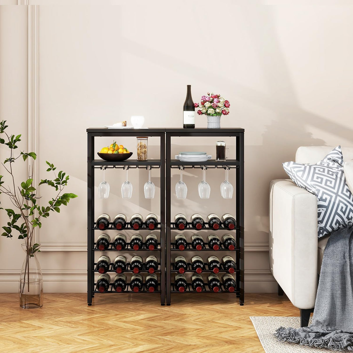 IBUYKE Wine Racks Freestanding Floor,Liquor Bottle Holder,16 Bottles Wine Cabinet with Glass Holder,Wine Holder Display,Mini Wine Bar Table for Living Room,Kitchen Pantry,Dining Room,Black UTMJ907B IBUYKE