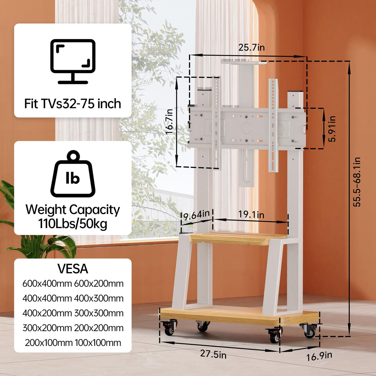 Mobile TV Stand Rolling TV Cart with Wheels for 32-75 Inch Flat/Curved Led/LCD/OLED Portable Floor TV Stand with Shelf, Height Adjustable Heavy-Duty Holds up to 180lbs,Max VESA 600 * 400mm (White) BEISHI