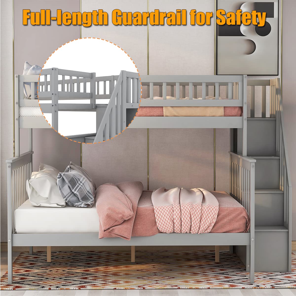 Harper & Bright Designs Twin Over Full Bunk Beds with Stairs, Wood Bunk Bed with Storage and Guard Rails,Bunk Beds Twin Over Full Size for Kids, Bedroom, Dorm, Teens, Adults, Grey Harper & Bright Designs