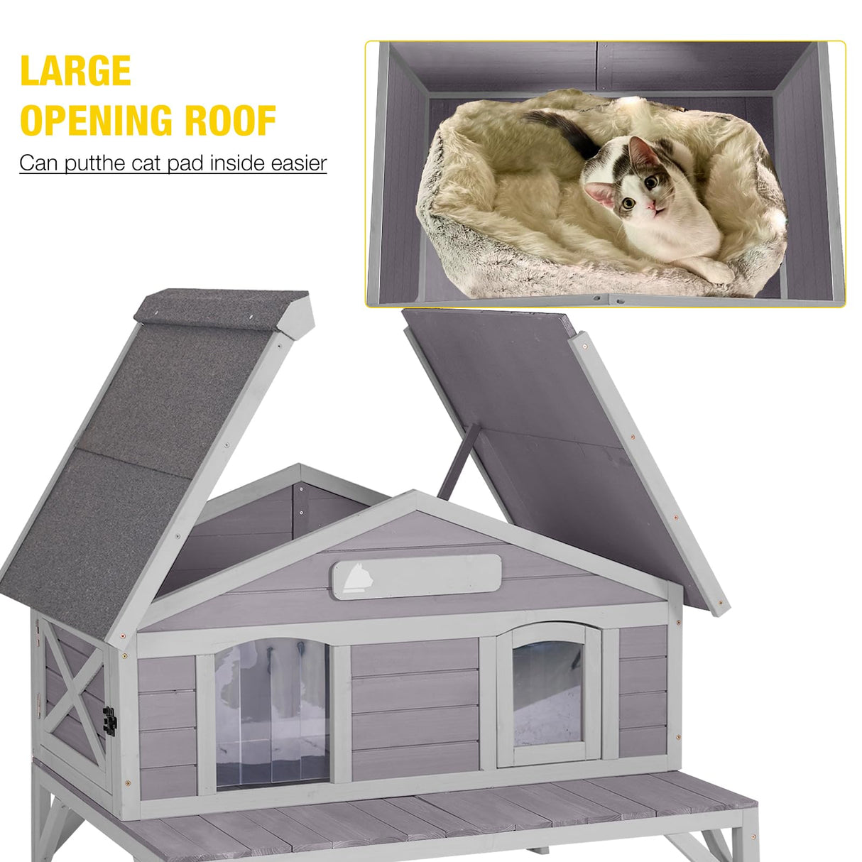 Outdoor Cat House Feral Kitty Shelter with Large Opening Roof Wooden Weatherproof Cat Shelter for Winter,Escape Door Aivituvin