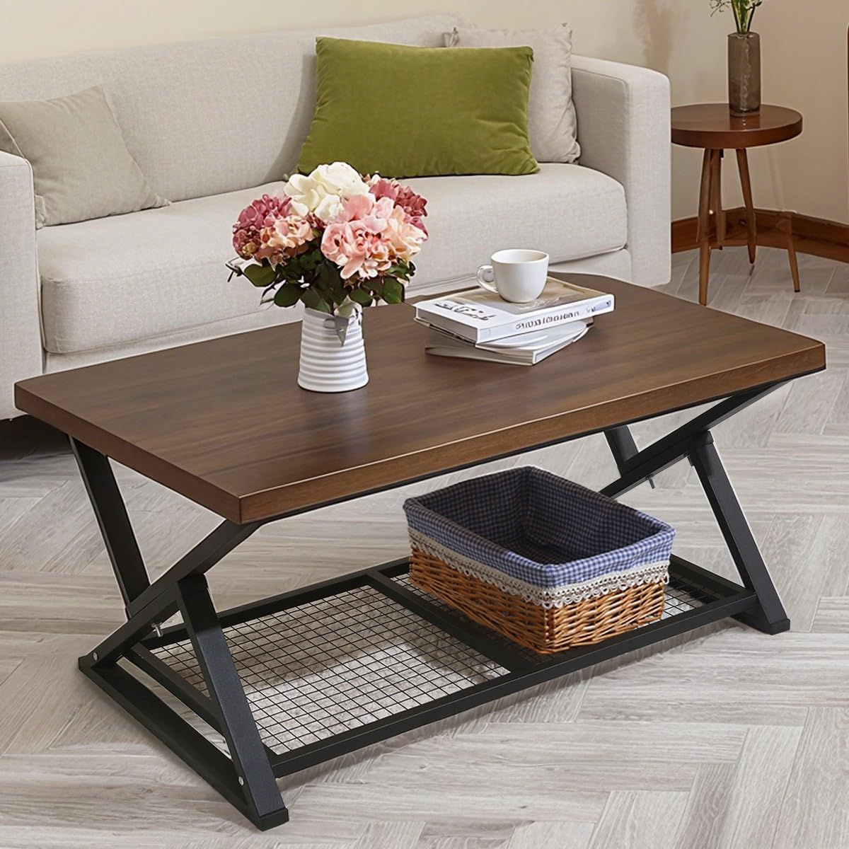 EASYSOUL Solid Wood Coffee Tables for Living Room, Farmhouse Coffee Table with Storage Shelf, 2-Tier Rustic Mid Century Coffee Table, 47.24 Inch Rectangle Center Table (Brow, 47.24") EASYSOUL