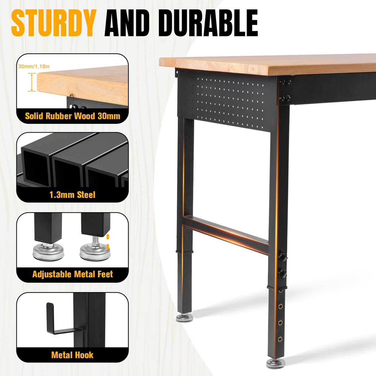 48" L×24”W Adjustable Workbench, 28”-40”Heights Heavy Duty Table 2000 LBS Load Capacity, Work Bench with Power Outlet & Pegboard, Rubber Wood Work Table for Garage, Office, Workshop, Home Generic