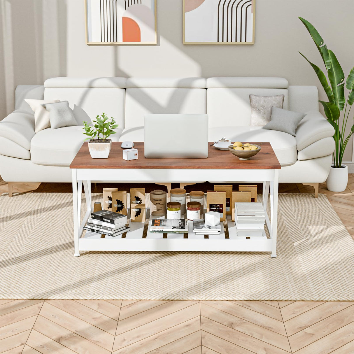 EDWINENE 39.4 Inches White Coffee Table for Living Room, Farmhouse Coffee Table with Storage Shelf EDWINENE