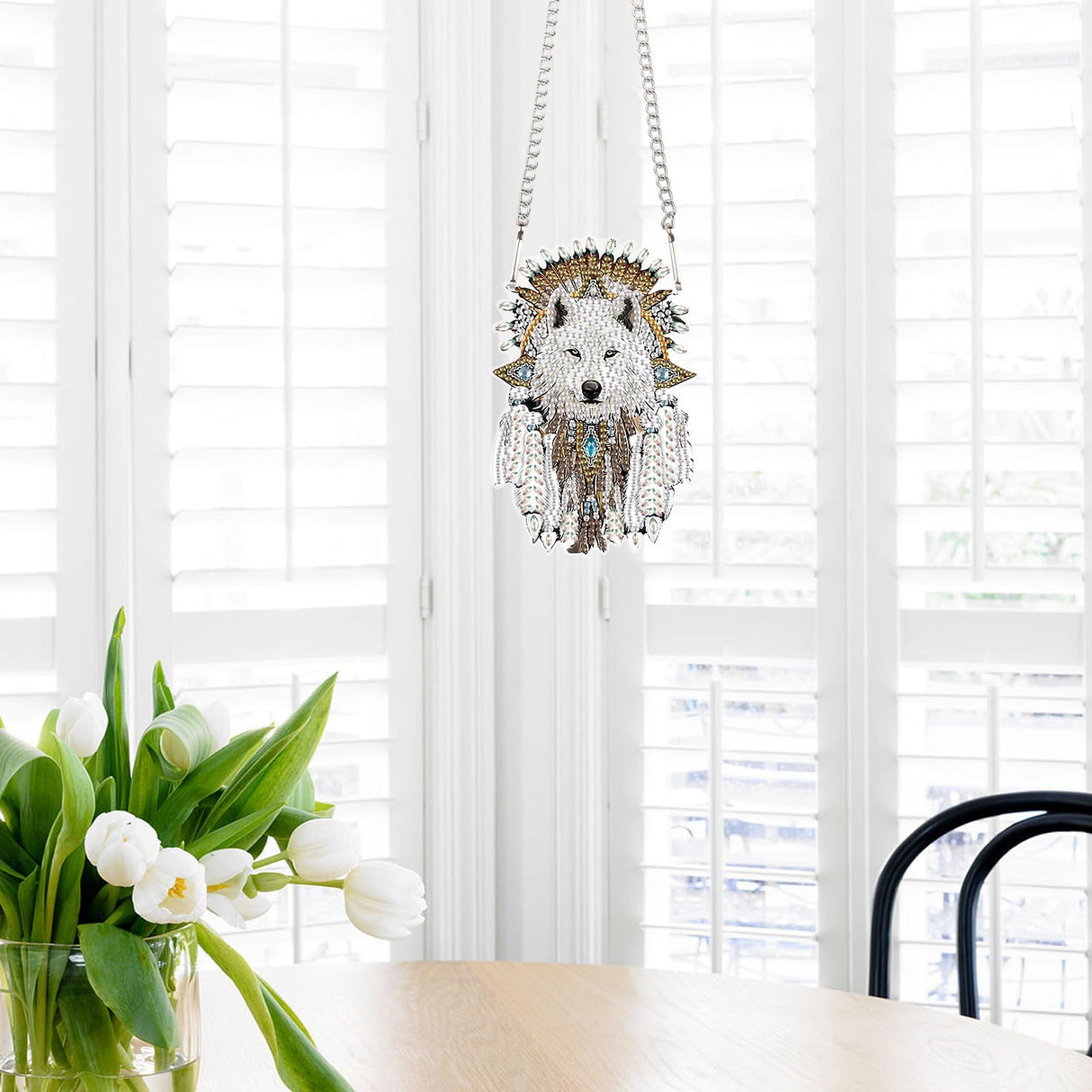White Wolf Diamond Painting Hanging Ornament – DIY 5D Crystal Art Kit with Feathers, Tribal Totem Style Diamond Art Pendant Ornament Wall or Window Decoration for Adults AiYuanzsh